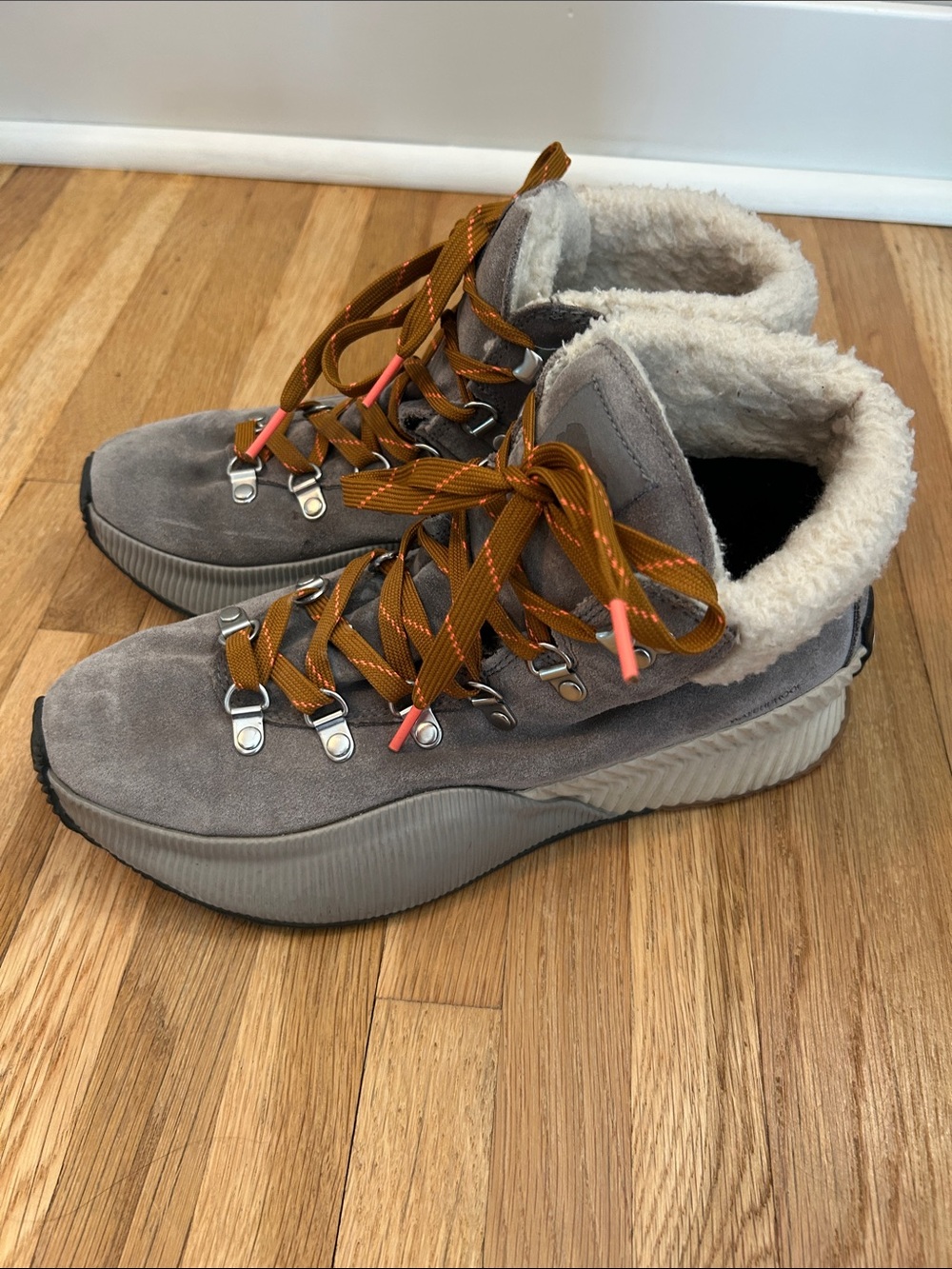 Sorel. Womens Gray Suede Waterproof Ankle Boots with Shearling Collar